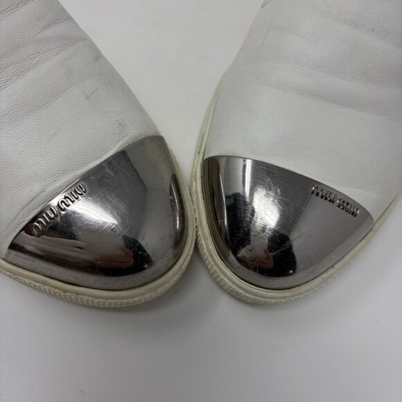 Miu Miu Metal Cap Toe Slip-On Sneakers Womens 38 1/2 - 8.5 US White Leather - Picture 7 of 13